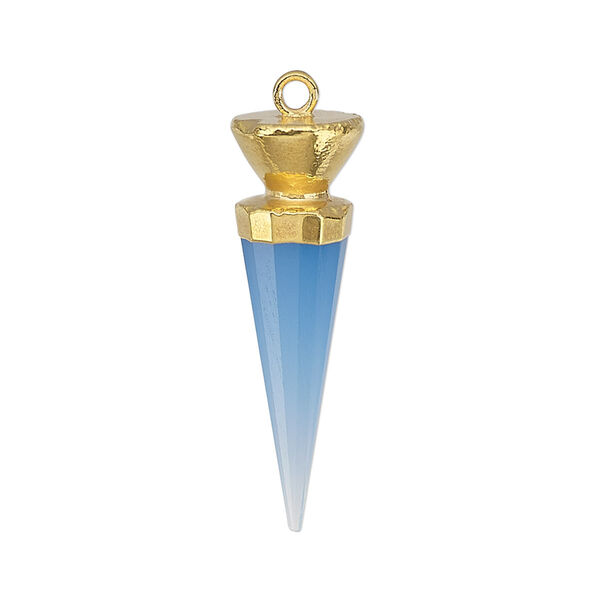 Focal, blue chalcedony (dyed) / electroplated gold / gold-plated sterling silver, 30x9.5mm-31x10mm hand-cut faceted point. Sold individually. image number 0