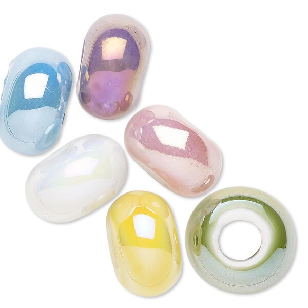 Bead, glazed porcelain, pastel colors with luster AB finish, 15x9mm rondelle. Sold per pkg of 6. image number 0