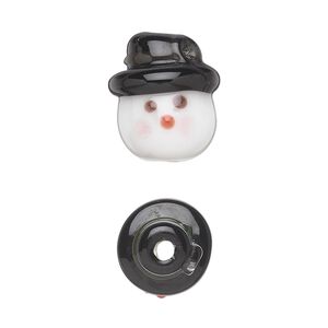 Bead, lampworked glass, opaque white and black, 17x15mm 3D snowman head. Sold per pkg of 4.