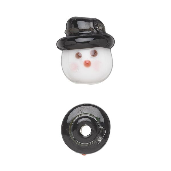 Bead, lampworked glass, opaque white and black, 17x15mm 3D snowman head. Sold per pkg of 4. image number 0