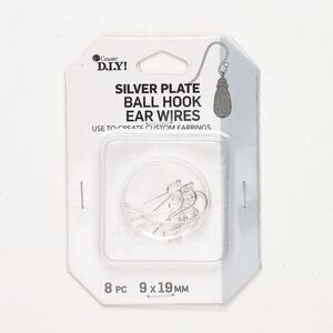 Ear wire fishhook 1pkg8, 9mm / 2mm ball, 19 gauge silver-finished steel 4 pair