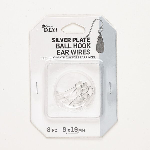 Ear wire fishhook 1pkg8, 9mm / 2mm ball, 19 gauge silver-finished steel 4 pair image number 0
