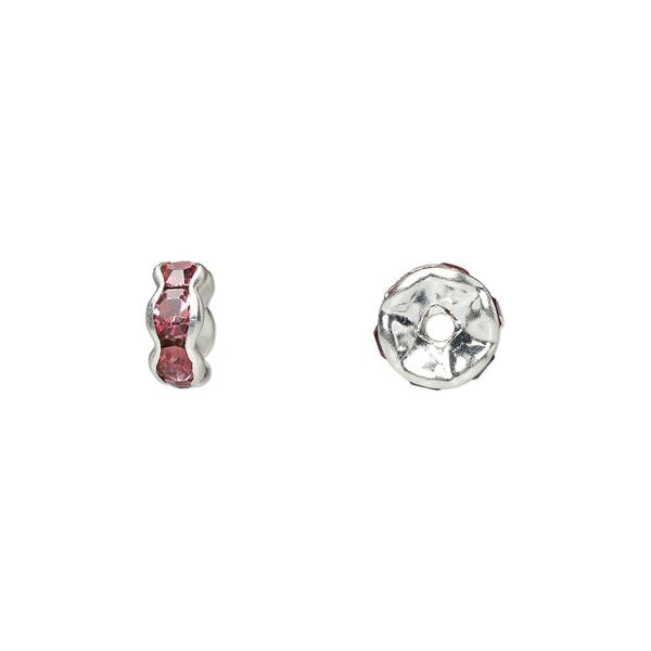 Bead, glass rhinestone and silver-plated brass, rose, 7x3.5mm rondelle. Sold per pkg of 10. image number 0