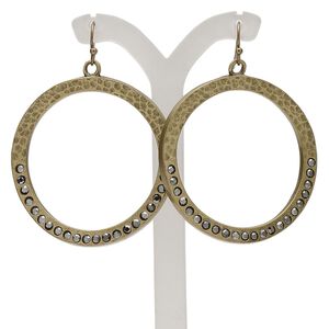 Earring, antiqued gold-finished pewter (tin-based alloy) and acrylic rhinestone, smoke grey, 2-1/4 inch hammered round hoop with fishhook ear wire. Sold per pair.