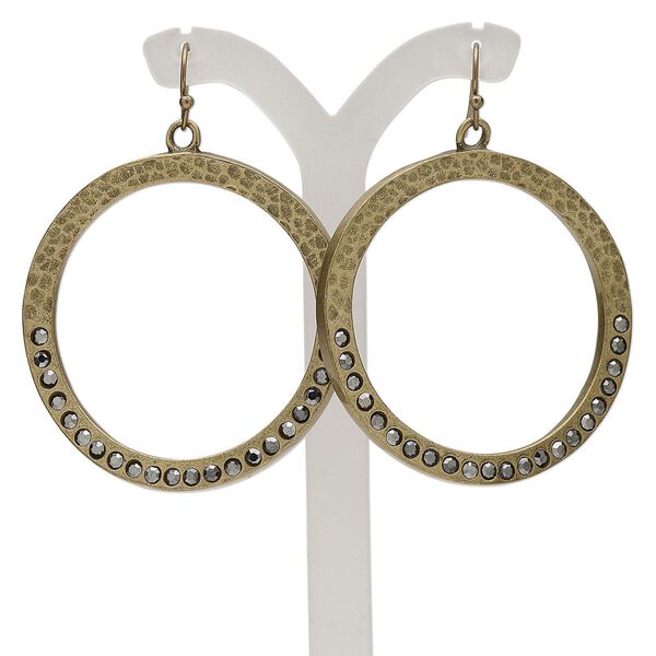 Earring, antiqued gold-finished pewter (tin-based alloy) and acrylic rhinestone, smoke grey, 2-1/4 inch hammered round hoop with fishhook ear wire. Sold per pair. image number 0