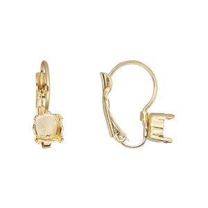 Ear wire leverback 1pkg2 gold-plated, 18mm / SS29 rivoli or chaton 4-prong setting, brass 1 pair