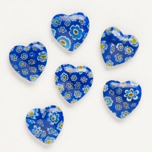 Bead, millefiori glass, translucent cobalt blue / yellow / white, 16-18mm half-drilled puffed heart. Sold per pkg of 6.