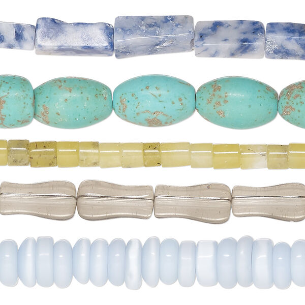 Bead mix, multi-gemstone (natural / dyed / heated / irradiated / imitation / man-made) and glass, mixed colors, 4x2mm-12x8mm mixed shapes with 0.5-1.5mm hole, Mohs hardness 3 to 7. Sold per pkg of (5) 8-inch strands. image number 0