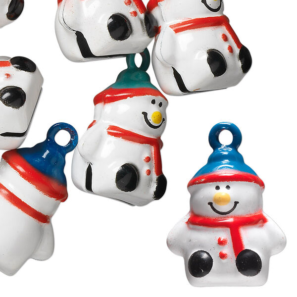Bell, brass and enamel, white and multicolored, 20x18mm snowman with clapper. Sold per pkg of 6. image number 0