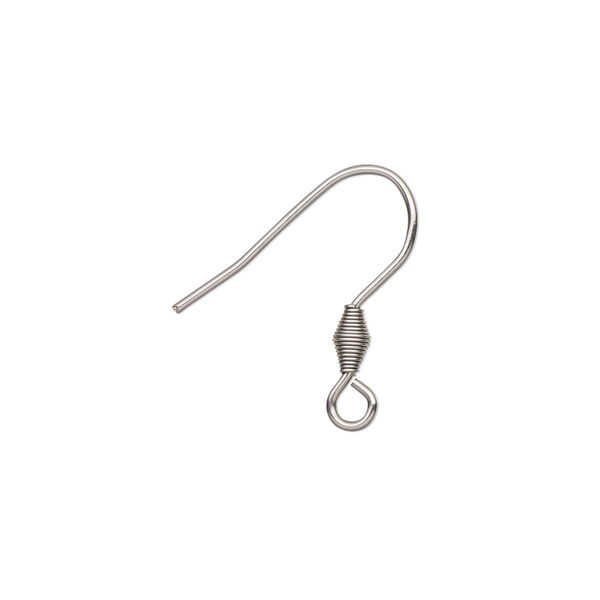 Ear wire, stainless steel, 21mm fishhook with 5x3mm coil and open loop, 21 gauge. Sold per pkg of 10 pairs. image number 0