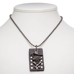 Necklace, leather (dyed) / gunmetal-plated brass / steel / "pewter" (zinc-based alloy), black, 53x31mm rectangle and 46x27mm skull, 24 inches with ball chain closure. Sold individually.