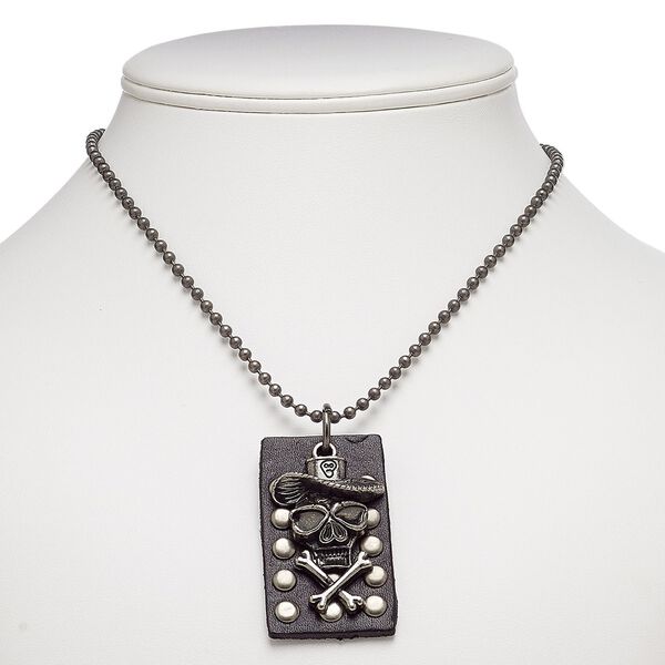 Necklace, leather (dyed) / gunmetal-plated brass / steel / "pewter" (zinc-based alloy), black, 53x31mm rectangle and 46x27mm skull, 24 inches with ball chain closure. Sold individually. image number 0