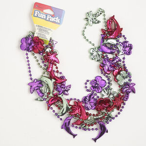 Necklace assortment 1pkg3, acrylic, green / purple / pink, 37x32mm dolphin / 27x25mm flower / 32.5x23.5mm palm tree, 32 inches continuous loop.