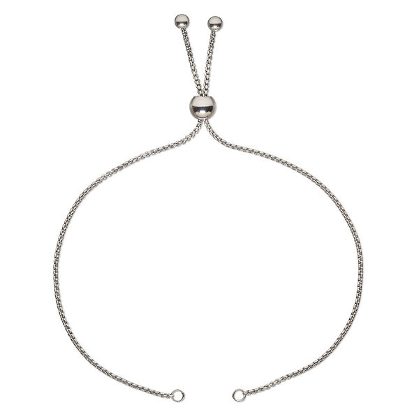Bracelet component, silicone and stainless steel, clear, 1.4mm box chain, 10 inches with 7mm round adjustable slider bead and (2) 4mm balls with 2 open loops. Sold individually. image number 0