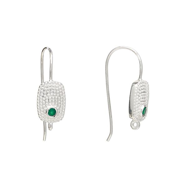 Sterling silver / green onyx 1pkg2, textured flat oval ear wire, fishhook / closed loop 22 gauge 19mm / 10mm image number 0