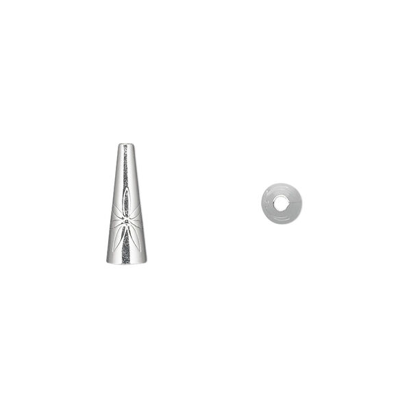 Cone, sterling silver, 13x4mm with flower design, 3.5mm inside diameter. Sold per pkg of 2. image number 0