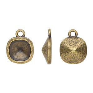 Drop, TierraCast®, Almost Instant Jewelry®, antique brass-plated pewter (tin-based alloy), 13mm hammered square with 10mm cushion glue-in setting (4470). Sold per pkg of 2.