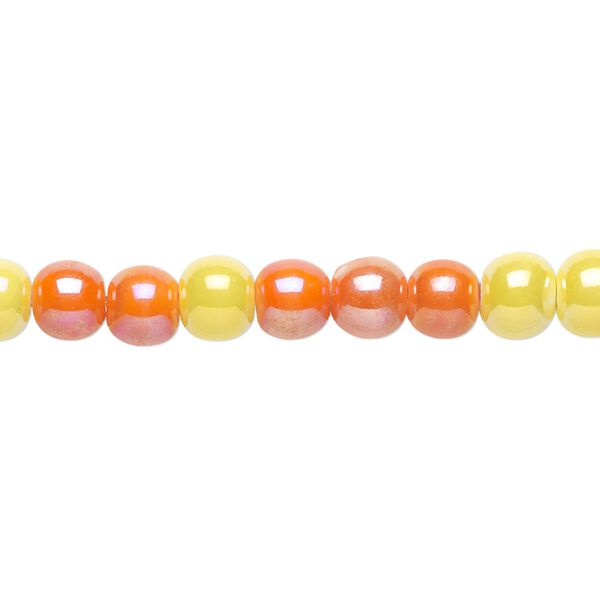 Bead, porcelain, opaque yellow and orange AB, 5-6mm round. Sold per 8-inch strand, approximately 35 beads. image number 0