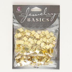 Cord end and crimp mix, gold-finished steel, 6x5.5mm fold-over and 5x4.5mm ribbon crimp end. Sold per pkg of 180.