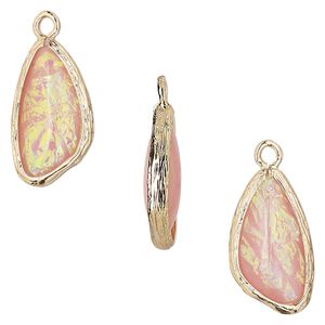 Drop, Opalized Ice™, "opal" (resin) and gold-finished brass, light pink, 19.5x11mm double-sided wing. Sold per pkg of 4.