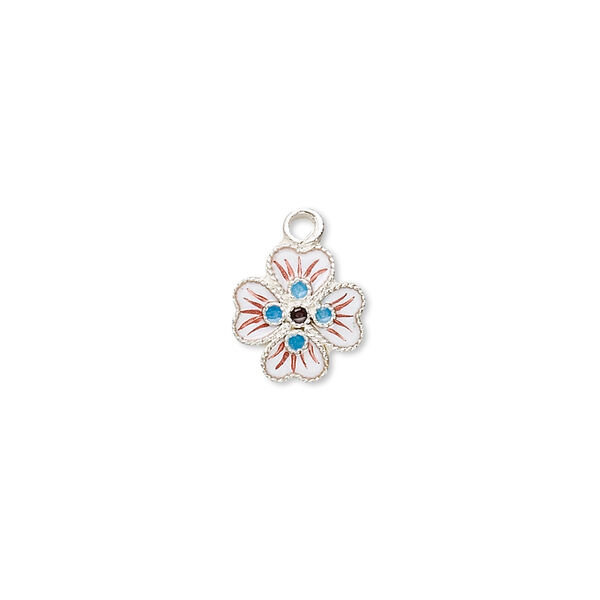 Drop, sterling silver with cloisonné, white, 10x10mm flower. Sold individually. image number 0