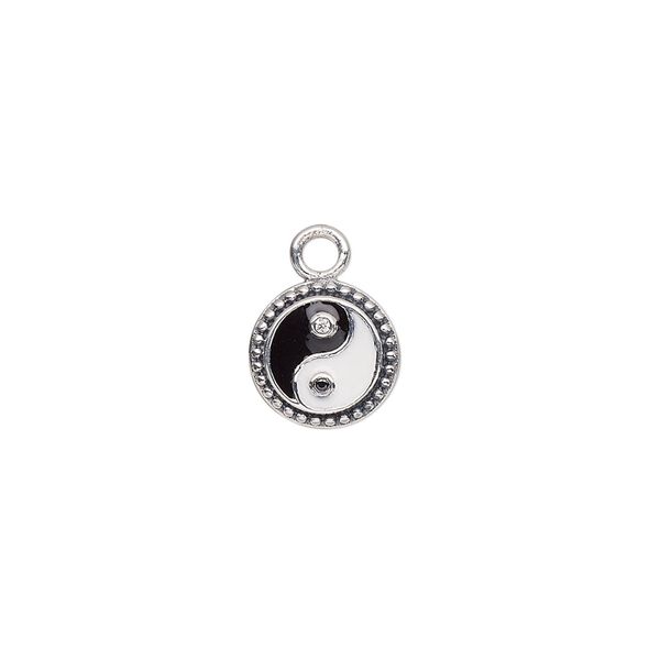 Charm, antique sterling silver / cubic zirconia / enamel, black / clear / white, 10mm single-sided flat round with yin-yang design and beaded edge. Sold individually. image number 0