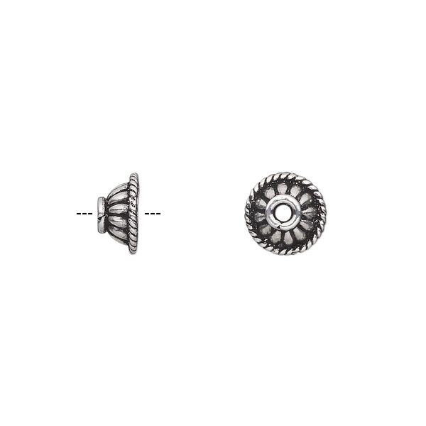Bead cap, antiqued sterling silver, 8x4mm corrugated round with rope edge, fits 8-10mm bead. Sold per pkg of 12. image number 0