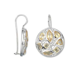 Earring, citrine (heated) and sterling silver, 34mm with round and fishhook ear wire with safety. Sold per pair.
