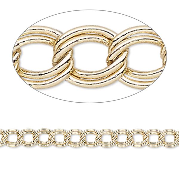 Chain, gold-finished brass, 4mm double curb. Sold per 50-foot spool. image number 0