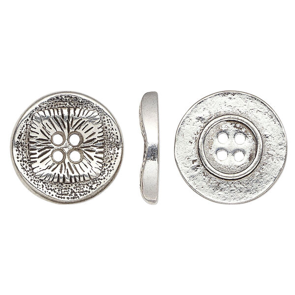 Button, antiqued silver-finished "pewter" (zinc-based alloy), 17mm single-sided wavy flat round with textured square design. Sold per pkg of 20. image number 0