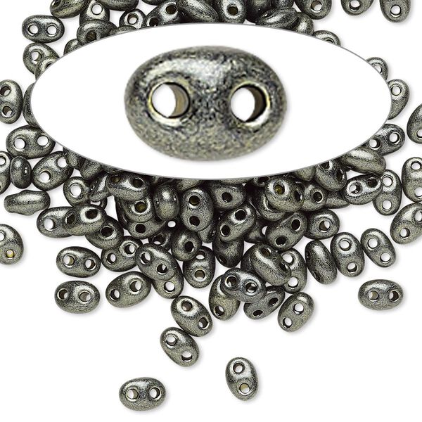 Seed bead, Preciosa Twin™ Czech glass, pkg/10g, 5x2.5mm oval, opaque khaki green terra pearl black, (28986). image number 0