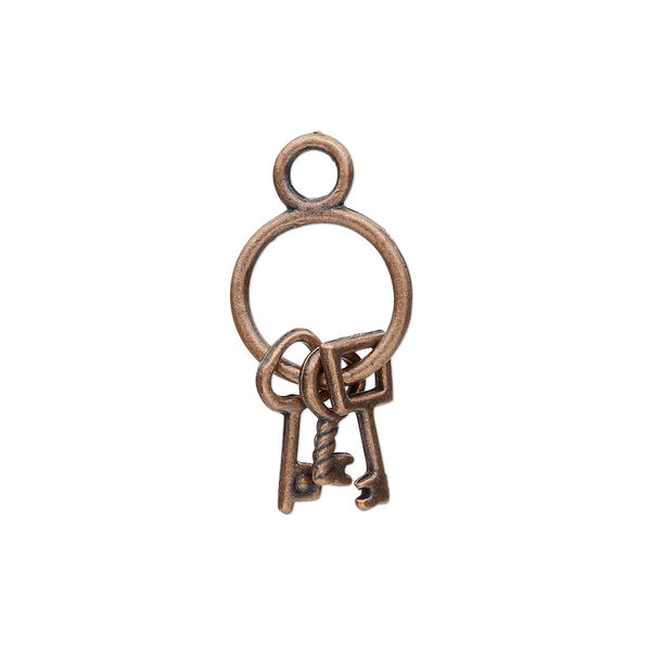 Charm, antique copper-plated "pewter" (zinc-based alloy), 21x12mm double-sided key ring with (3) keys. Sold per pkg of 10. image number 0