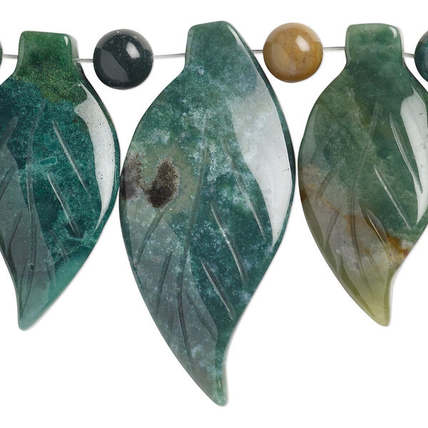 Fancy jasper 1pkg7, hand-cut top-drilled carved leaf bead natural B grade, graduated 40x20mm-50x25mm image number 0