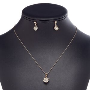 Necklace and earring set, glass rhinestone / rose gold-finished steel / brass / "pewter" (zinc-based alloy), clear, 7.5x7.5mm cube, 18-inch necklace with 2-inch extender chain and lobster claw clasp, 17mm earrings with post. Sold per set.