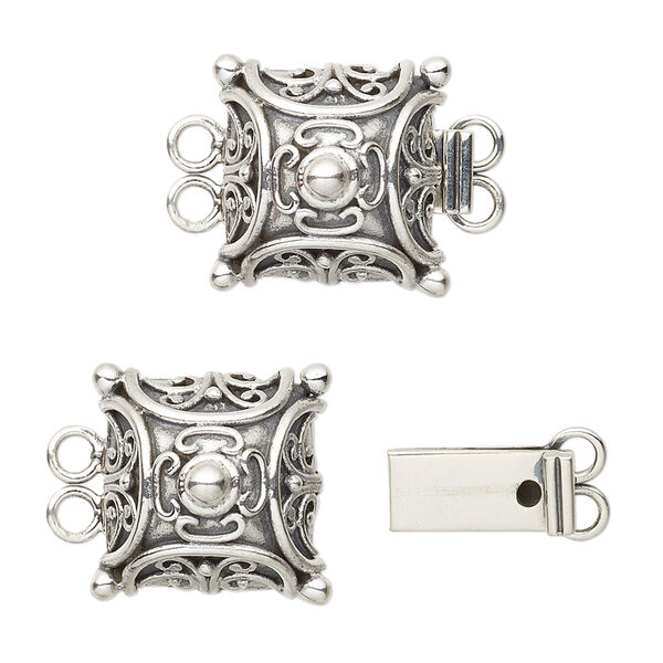Clasp, 2-strand tab, antiqued sterling silver, 15mm filigree square. Sold individually. image number 0