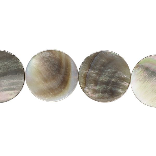Bead, black lip shell (natural), 15mm flat round. Sold per 15-1/2" to 16" strand. image number 0