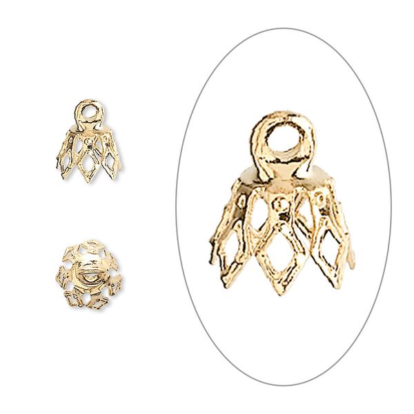 Bead cap, gold-plated brass, 8x5.5mm 7-prong bell, fits 5-7mm bead. Sold per pkg of 100. image number 0