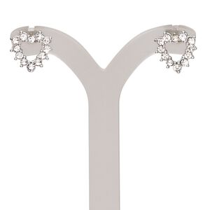 Earring, glass rhinestone and stainless steel, clear, 10x10mm open heart with post. Sold per pair.