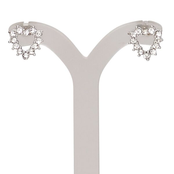 Earring, glass rhinestone and stainless steel, clear, 10x10mm open heart with post. Sold per pair. image number 0