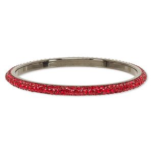 Bracelet, bangle, epoxy / Preciosa glass rhinestone / gunmetal-plated brass, black and light red, 6mm wide, 8-1/2 inches. Sold individually.
