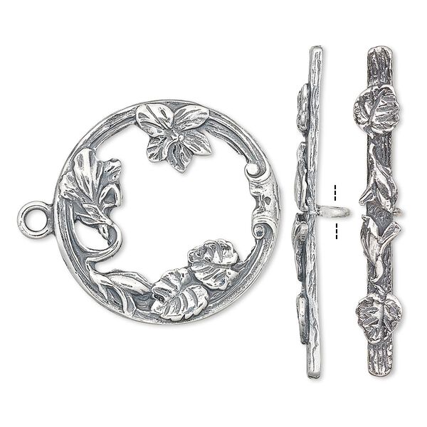 Clasp, JBB Findings, toggle, antiqued sterling silver, 23mm round with leaves and flowers. Sold individually. image number 0