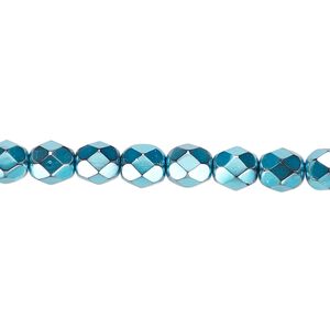 Bead, Czech fire-polished glass, opaque aqua carmen, 6mm faceted round. Sold per 15-1/2" to 16" strand.