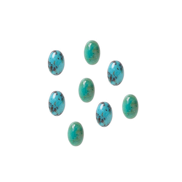 Cabochon, turquoise (dyed / stabilized), blue, 6x4mm calibrated oval, C grade, Mohs hardness 5 to 6. Sold per pkg of 8. image number 0