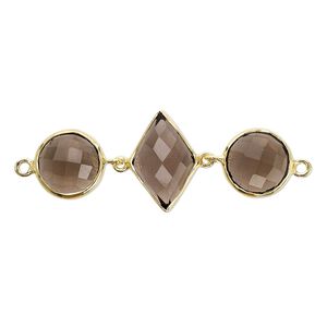 Link, smoky quartz (heated / irradiated) and gold-finished sterling silver, 40x16mm single-sided with 11mm faceted round and 16x11mm faceted diamond. Sold individually.