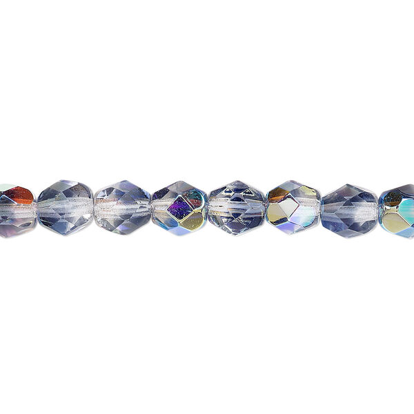 Bead, Czech fire-polished glass, two-tone, crystal/dark grey AB, 6mm faceted round. Sold per 15-1/2" to 16" strand. image number 0
