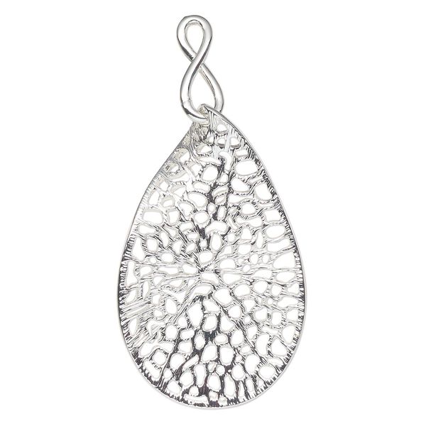 Pendant, silver-finished brass, 58x36mm curved filigree teardrop, bail accepts up to 2.8mm cord. Sold individually. image number 0
