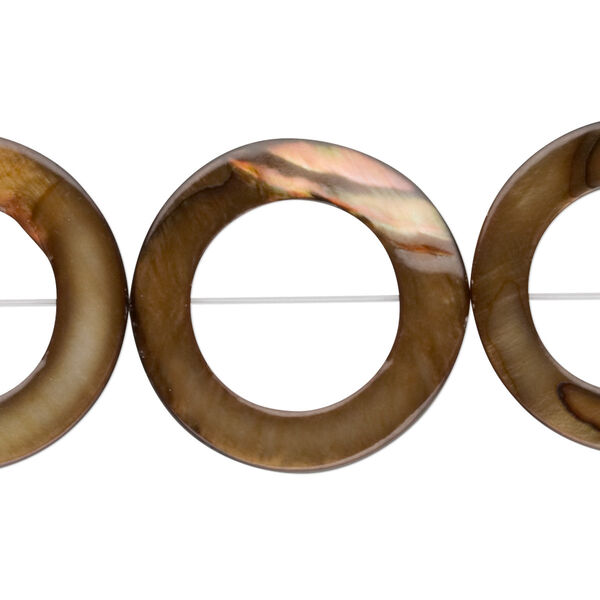 Bead, mother-of-pearl shell (dyed), brown, 25mm round donut, 15mm center hole, Mohs hardness 3-1/2. Sold per 16-inch strand. image number 0