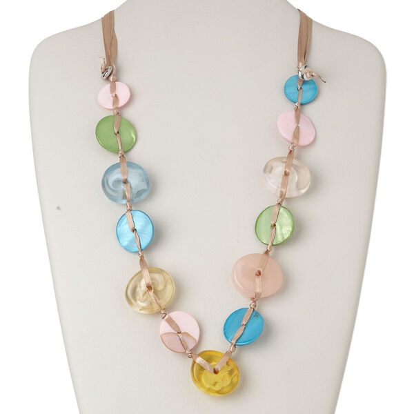 Necklace, freshwater pearl shell (dyed) / resin / ribbon, multicolored, 25mm flat round and 31x27mm flat oval, 25-inch continuous loop. Sold individually. image number 0