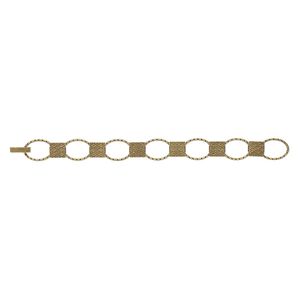 Bracelet component, antique brass-finished brass and "pewter" (zinc-based alloy), (7) 20x14.5mm oval links with 11x10mm textured rectangle glue-in setting, 7 inches with fold-over clasp. Sold individually.