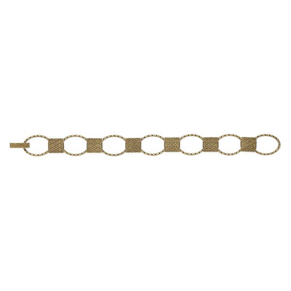 Bracelet component, antique brass-finished brass and "pewter" (zinc-based alloy), (7) 20x14.5mm oval links with 11x10mm textured rectangle glue-in setting, 7 inches with fold-over clasp. Sold individually. image number 0